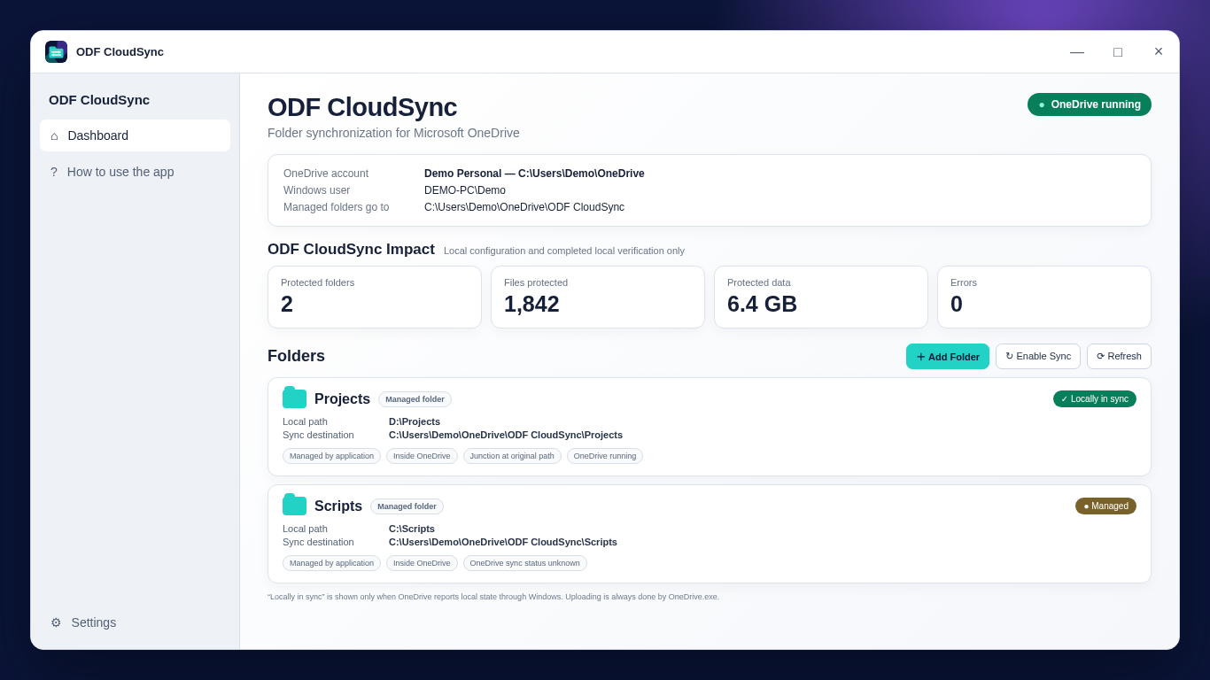 Panoul demonstrativ ODF CloudSync cu foldere gestionate